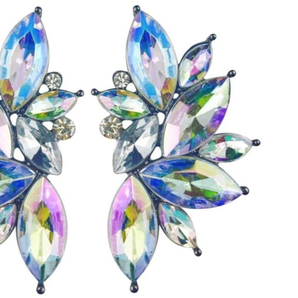 Gun Metal Black with Aurora Borealis Crystal 80's Punk Rock Starburst Earrings - Picture 2 of 5